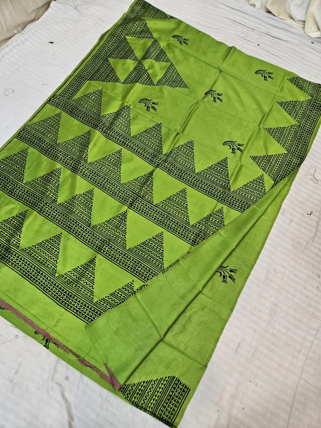 Lemon Green Pure Bishnupur Katan Silk Hand Block Printed Geometric Triangle Pallu Saree