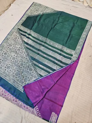 Peacock Blue and Purple Pure Bishnupur Katan Silk Hand Block Printed Mandala Chakra Pallu Saree