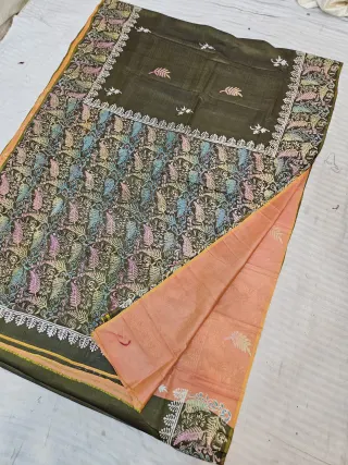 Olive Green and Peach Pure Bishnupur Katan Silk Hand Block Printed Peacock Fern Jaal Saree