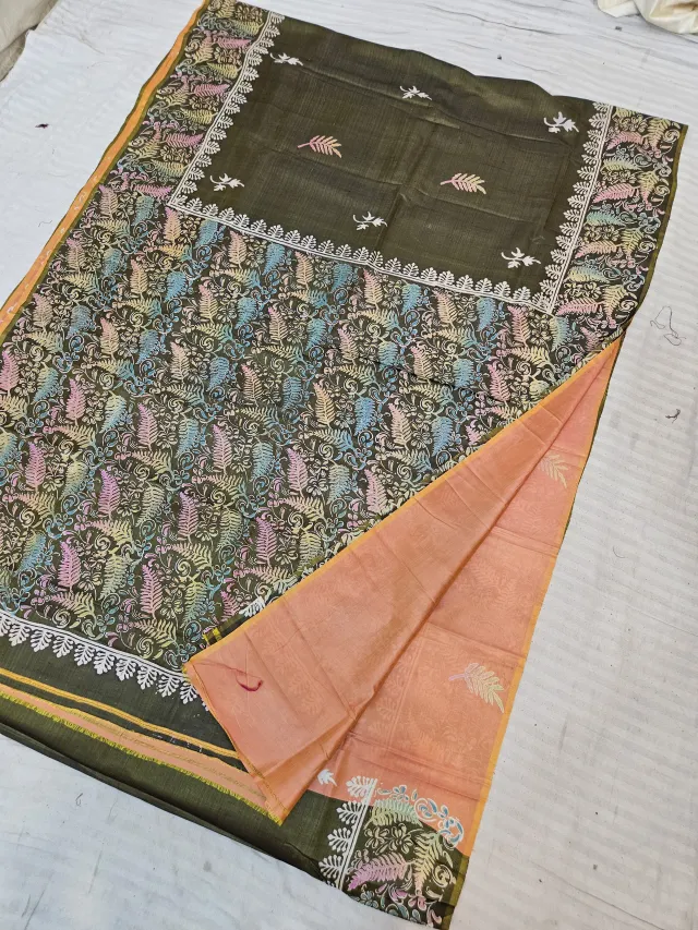 Olive Green and Peach Pure Bishnupur Katan Silk Hand Block Printed Peacock Fern Jaal Saree