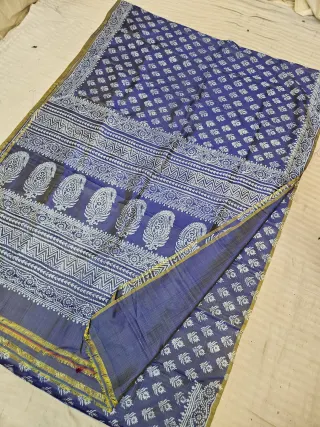 Navy Blue with Mustard Yellow Pure Bishnupur Katan Silk Hand Block Printed Floral Buti and Kalka Chevron Pallu Saree