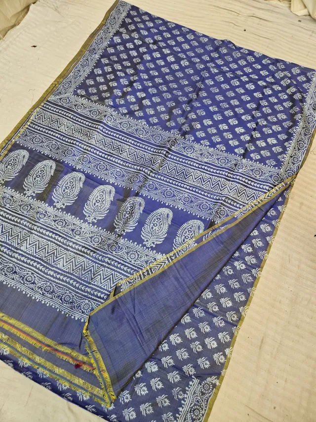 Navy Blue with Mustard Yellow Pure Bishnupur Katan Silk Hand Block Printed Floral Buti and Kalka Chevron Pallu Saree