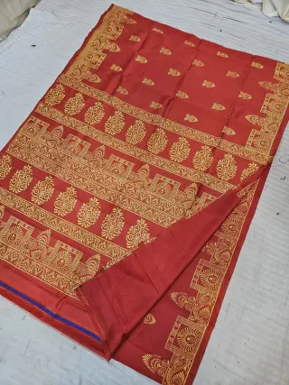 Red Pure Bishnupur Katan Silk Hand Block Printed Floral Jhar and Temple Urn Pallu Saree