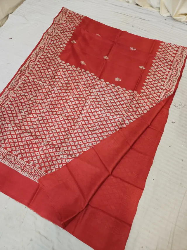 Rich Red Pure Bishnupur Katan Silk Hand Block Printed Diamond Lattice and Lotus Border Pallu Saree