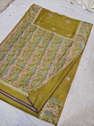 Mustard Yellow Dual Tone with Navy Blue Pure Bishnupur Katan Silk Hand Block Printed Floral Jaal Pallu Saree