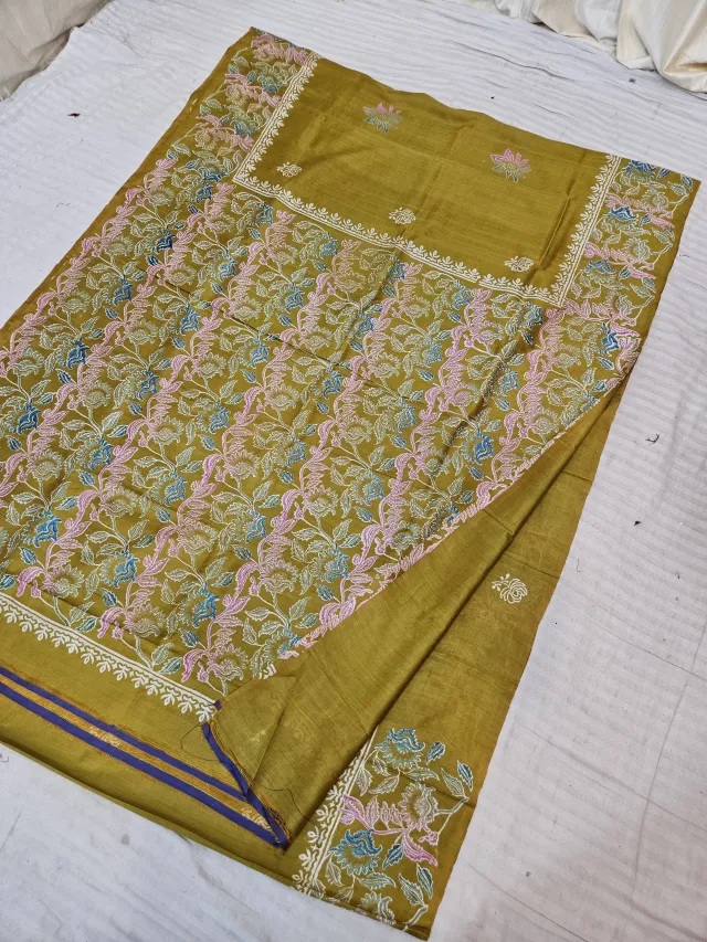 Mustard Yellow Dual Tone with Navy Blue Pure Bishnupur Katan Silk Hand Block Printed Floral Jaal Pallu Saree