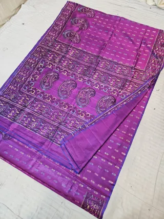 Purple Dual Tone with Blue Pure Bishnupur Katan Silk Hand Block Printed Arched Shrine and Kalka Baluchari Motifs Pallu Saree