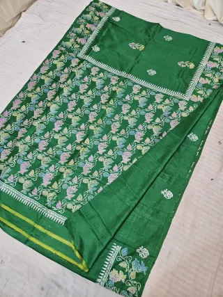 Bottle Green Pure Bishnupur Katan Silk Hand Block Printed Floral Vine Jaal and Chevron Border Pallu Saree