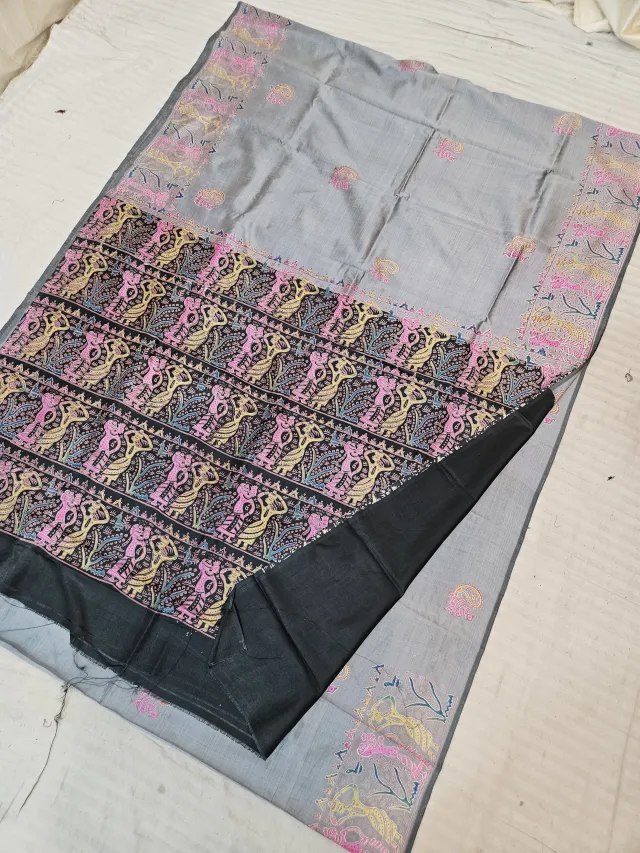 Slate Grey and Black Pure Bishnupur Katan Silk Hand Block Printed Folk Maiden with Water Pot Pallu Saree