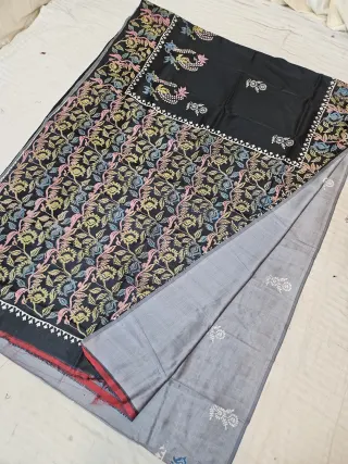 Black and Grey Pure Bishnupur Katan Silk Hand Block Printed Floral Vine Jaal and Chevron Border Pallu Saree