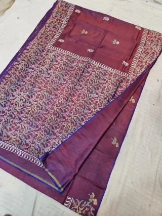 Wine Dual Tone with Blue Pure Bishnupur Katan Silk Hand Block Printed Floral Vine Jaal and Eyelet Border Pallu Saree