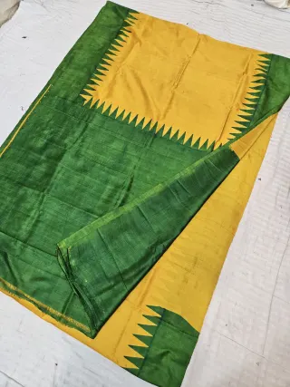 Emerald Green and Yellow Pure Bishnupur Katan Silk Hand Block Printed Temple Spire Pallu Saree