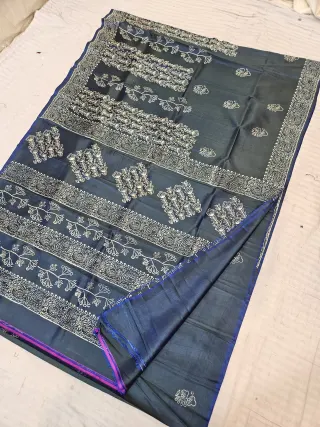 Blue Dual Tone with Purple Pure Bishnupur Katan Silk Hand Block Printed Botanical Shrub and Floral Pallu Saree