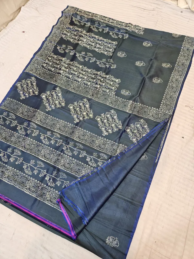 Blue Dual Tone with Purple Pure Bishnupur Katan Silk Hand Block Printed Botanical Shrub and Floral Pallu Saree