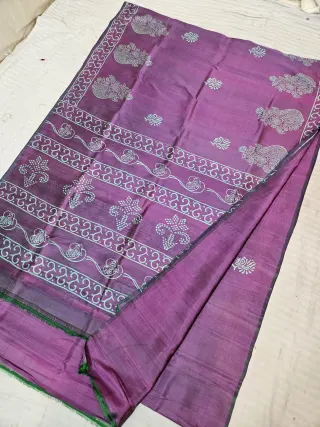 Purple Dual Tone with Black Pure Bishnupur Katan Silk Hand Block Printed Lotus Creeper and Trefoil Pallu Saree