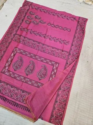 Rani Pink Pure Bishnupur Katan Silk Hand Block Printed Courtly Figurative and Baluchari Kalka Pallu Saree