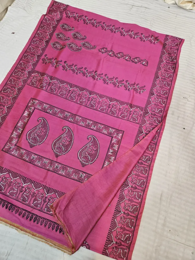 Rani Pink Pure Bishnupur Katan Silk Hand Block Printed Courtly Figurative and Baluchari Kalka Pallu Saree