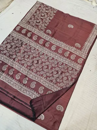 Chocolate Brown Pure Bishnupur Katan Silk Hand Block Printed Paisley Kalka Jaal Pallu Saree