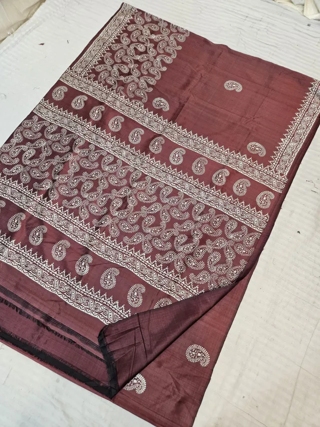 Chocolate Brown Pure Bishnupur Katan Silk Hand Block Printed Paisley Kalka Jaal Pallu Saree