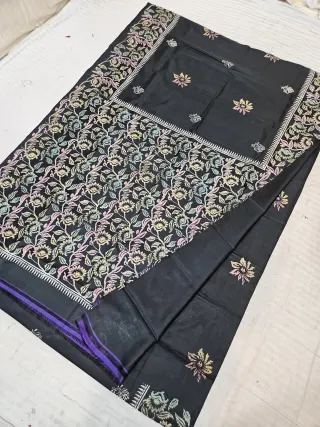 Midnight Black Pure Bishnupur Katan Silk Hand Block Printed Floral Vine Jaal and Chevron Border Pallu Saree
