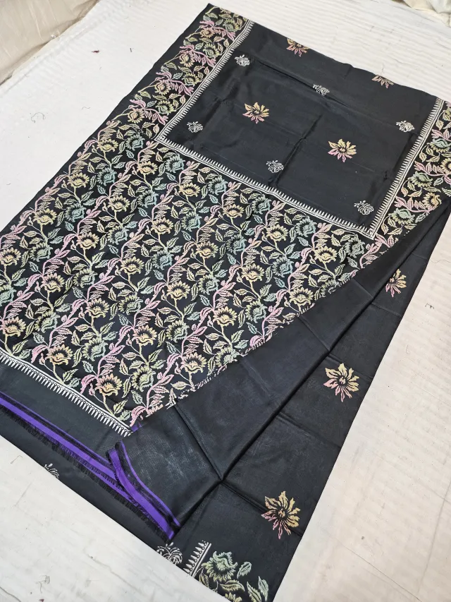 Midnight Black Pure Bishnupur Katan Silk Hand Block Printed Floral Vine Jaal and Chevron Border Pallu Saree