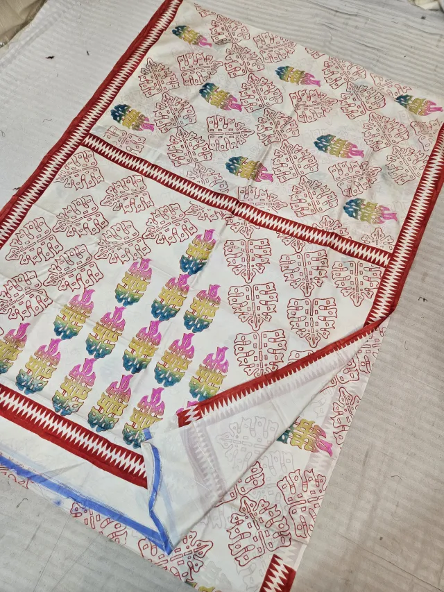 Off White Pure Bishnupur Katan Silk Hand Block Printed Tribal Leaf and Red Temple Chevron Pallu Saree