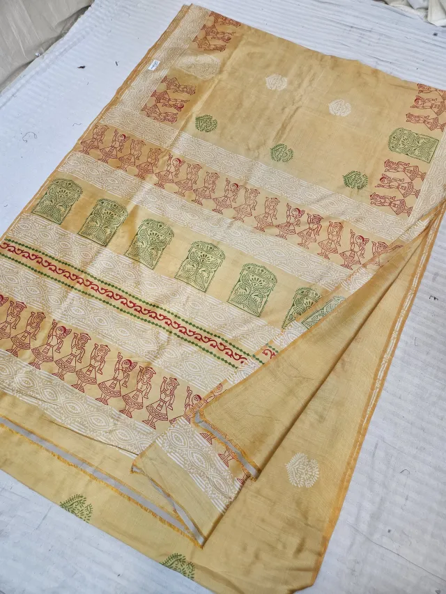 Mustard Yellow Pure Bishnupur Katan Silk Hand Block Printed Folk Dancers and Peacock Shrine Pallu Saree