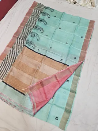 Sky Blue Pure Gachi Tussar Block Print Saree with Paisley Motifs and Striped Pallu