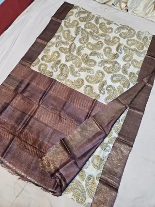 Off-White and Coffee Brown Pure Gachi Tussar Block Print Saree with All-Over Kalka Motifs