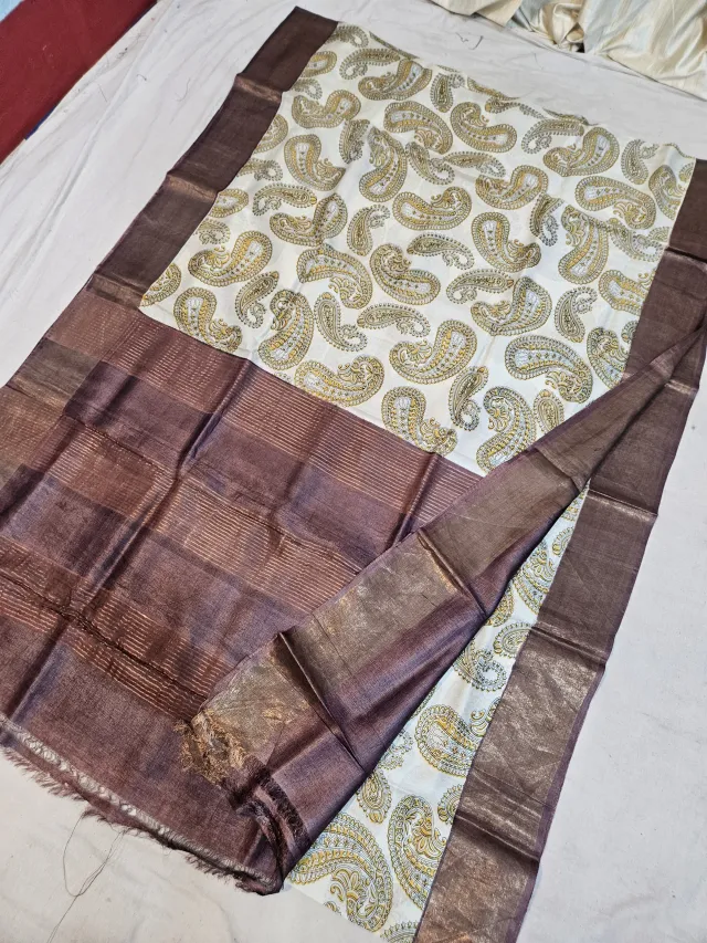 Off-White and Coffee Brown Pure Gachi Tussar Block Print Saree with All-Over Kalka Motifs
