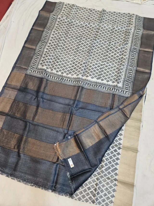 Off-White and Charcoal Black Pure Gachi Tussar Block Print Saree with Geometric Jaal and Metallic Striped Pallu