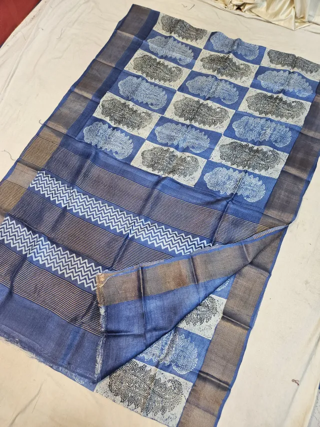 Indigo Blue and Cream Pure Gachi Tussar Block Print Saree with Paisley Checkers and Chevron Pallu
