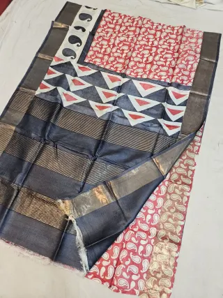 Strawberry Red Pure Gachi Tussar Block Print Saree with Mini Kalkas and Charcoal Geometric Pallu