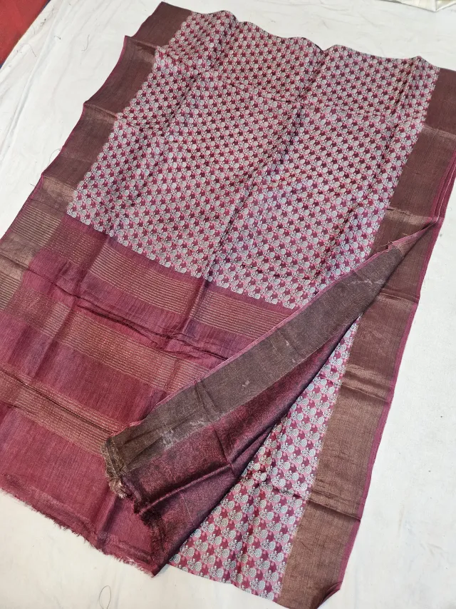 Wine and Bronze Pure Gachi Tussar Block Print Saree with Mosaic Grid Motifs and Striped Pallu
