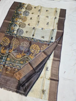 Off-White and Coffee Brown Pure Gachi Tussar Block Print Saree with Fish Motifs and Forest Narrative Pallu
