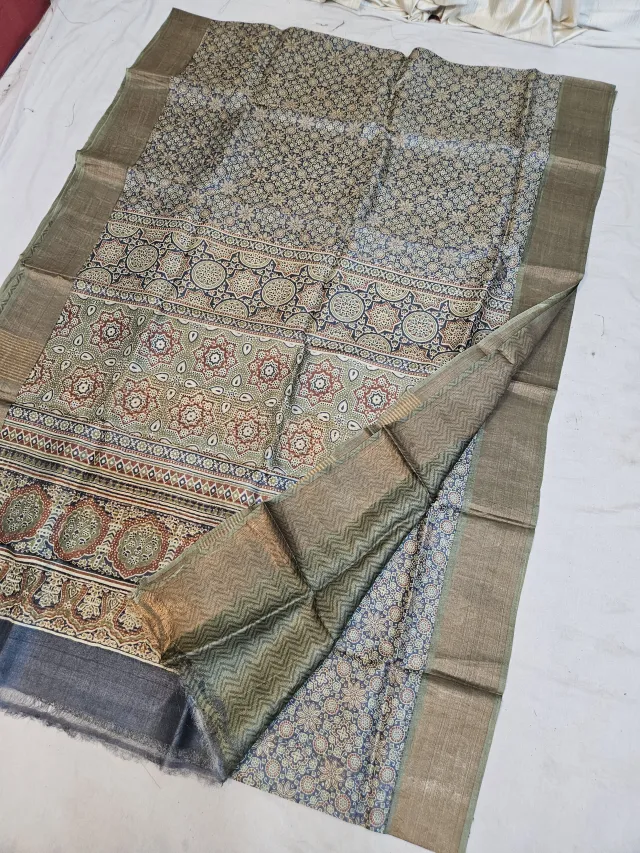 Olive Green and Rust Pure Gachi Tussar Block Print Saree with Ajrakh-Inspired Geometric Pallu