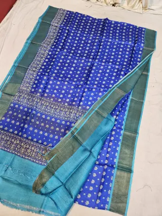 Royal Blue and Aqua Pure Gachi Tussar Block Print Saree with Floral Butis and Forest Teal Border