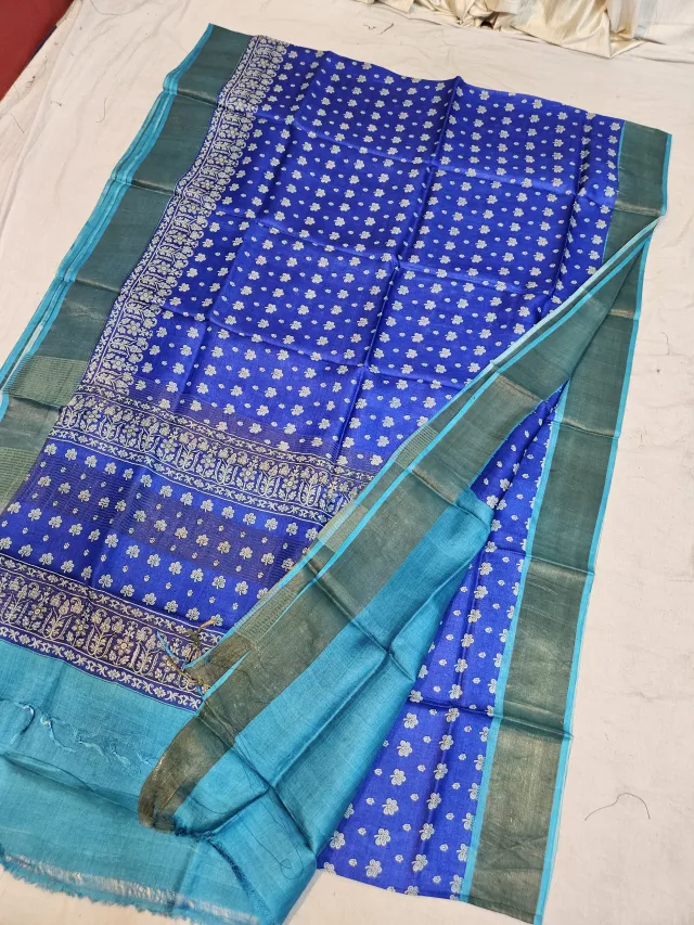 Royal Blue and Aqua Pure Gachi Tussar Block Print Saree with Floral Butis and Forest Teal Border