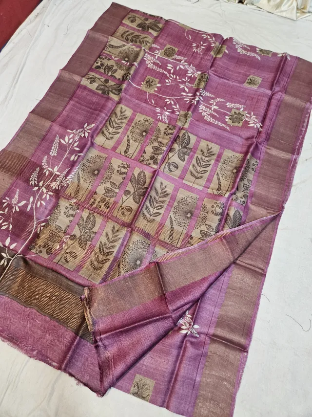 Dusty Mauve and Bronze Pure Gachi Tussar Block Print Saree with Botanical Foliage and Grid Pallu