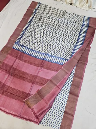 Off-White and Rose Pink Pure Gachi Tussar Block Print Saree with Chevron Pattern and Metallic Striped Pallu