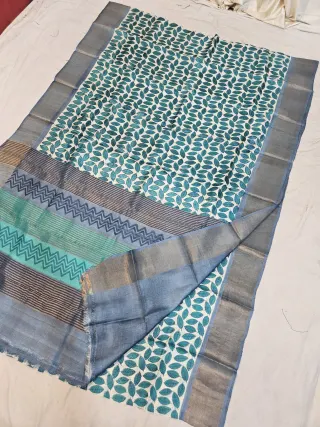 Off-White and Peacock Teal Pure Gachi Tussar Block Print Saree with Leaf Motifs and Chevron Pallu