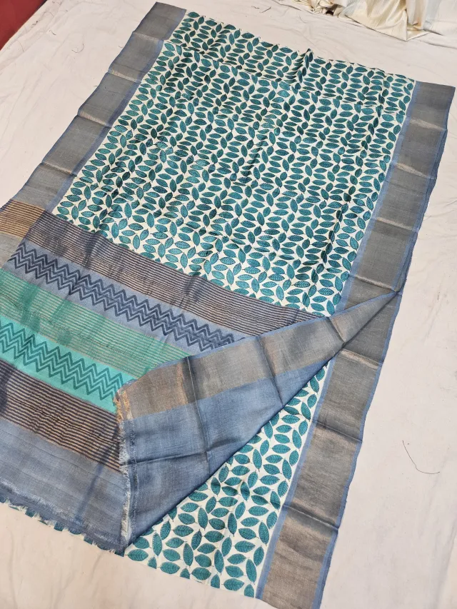 Off-White and Peacock Teal Pure Gachi Tussar Block Print Saree with Leaf Motifs and Chevron Pallu