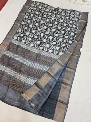 Off-White and Charcoal Black Pure Gachi Tussar Block Print Saree with Floral Jaal and Striped Pallu