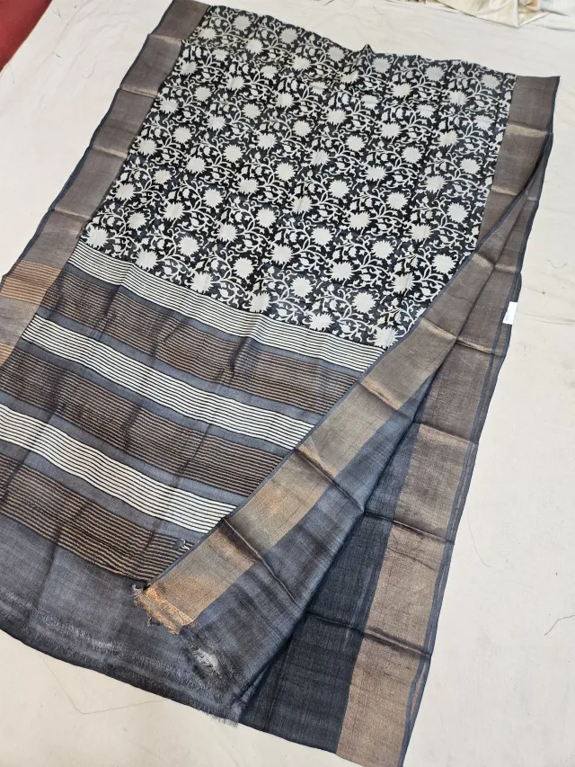 Off-White and Charcoal Black Pure Gachi Tussar Block Print Saree with Floral Jaal and Striped Pallu