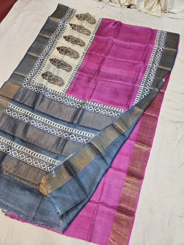 Magenta Pink and Charcoal Pure Gachi Tussar Block Print Saree with Paisley Panel and Geometric Pallu