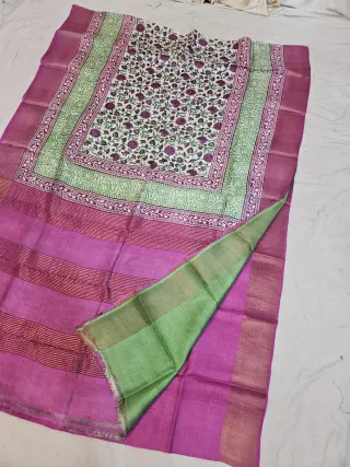 Off-White and Rani Pink Pure Gachi Tussar Block Print Saree with Floral Jaal and Metallic Striped Pallu