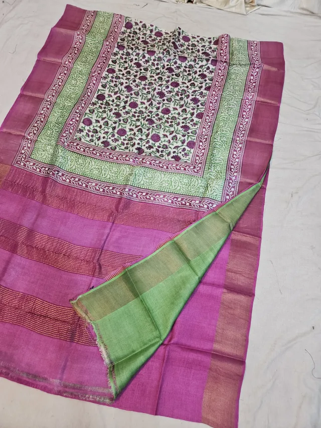 Off-White and Rani Pink Pure Gachi Tussar Block Print Saree with Floral Jaal and Metallic Striped Pallu