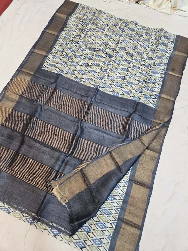 Off-White and Charcoal Black Pure Gachi Tussar Block Print Saree with Diamond Mosaic and Metallic Striped Pallu