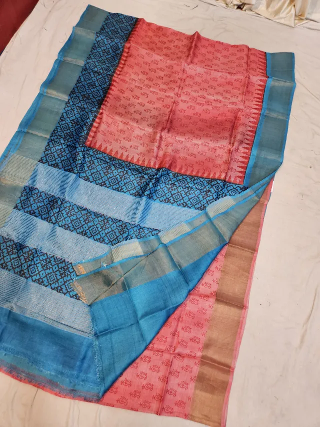 Warm Peach and Peacock Blue Pure Gachi Tussar Block Print Saree with Paisley Butis and Geometric Pallu