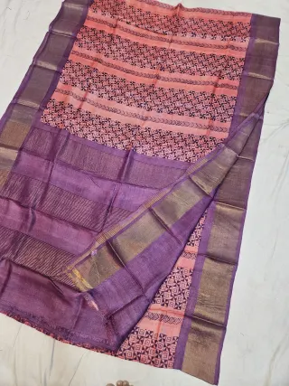 Peach and Plum Purple Pure Gachi Tussar Block Print Saree with Geometric Tiles and Striped Pallu